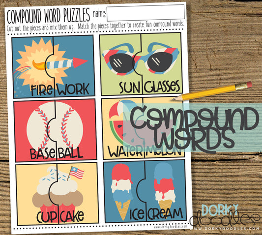 4th of July Compound Word Puzzles Printable - Dorky Doodles