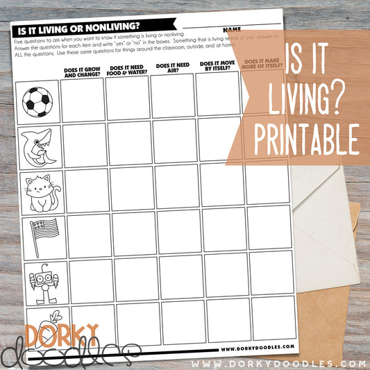 Is it Living? Free Printable Worksheet - Dorky Doodles
