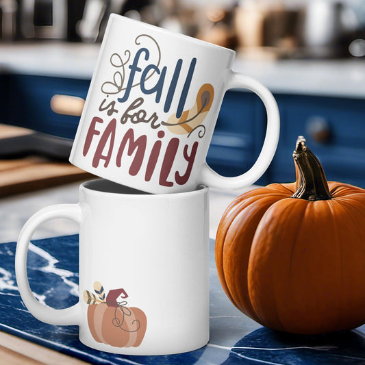 Autumnal Warmth: White Glossy Mug Celebrating Family Time - Dorky Doodles