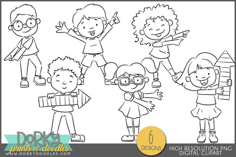 Black and White Kids Pointing for School Clipart - Dorky Doodles