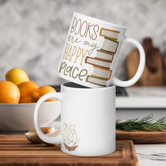 Cozy Book Nook: White Glossy Mug with 'Reading is My Happy Place - Dorky Doodles