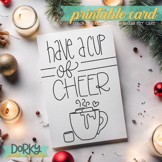 Cup of Cheer - Hand Drawn Christmas Coloring Cards - Printable Holiday Greetings - Instant Download
