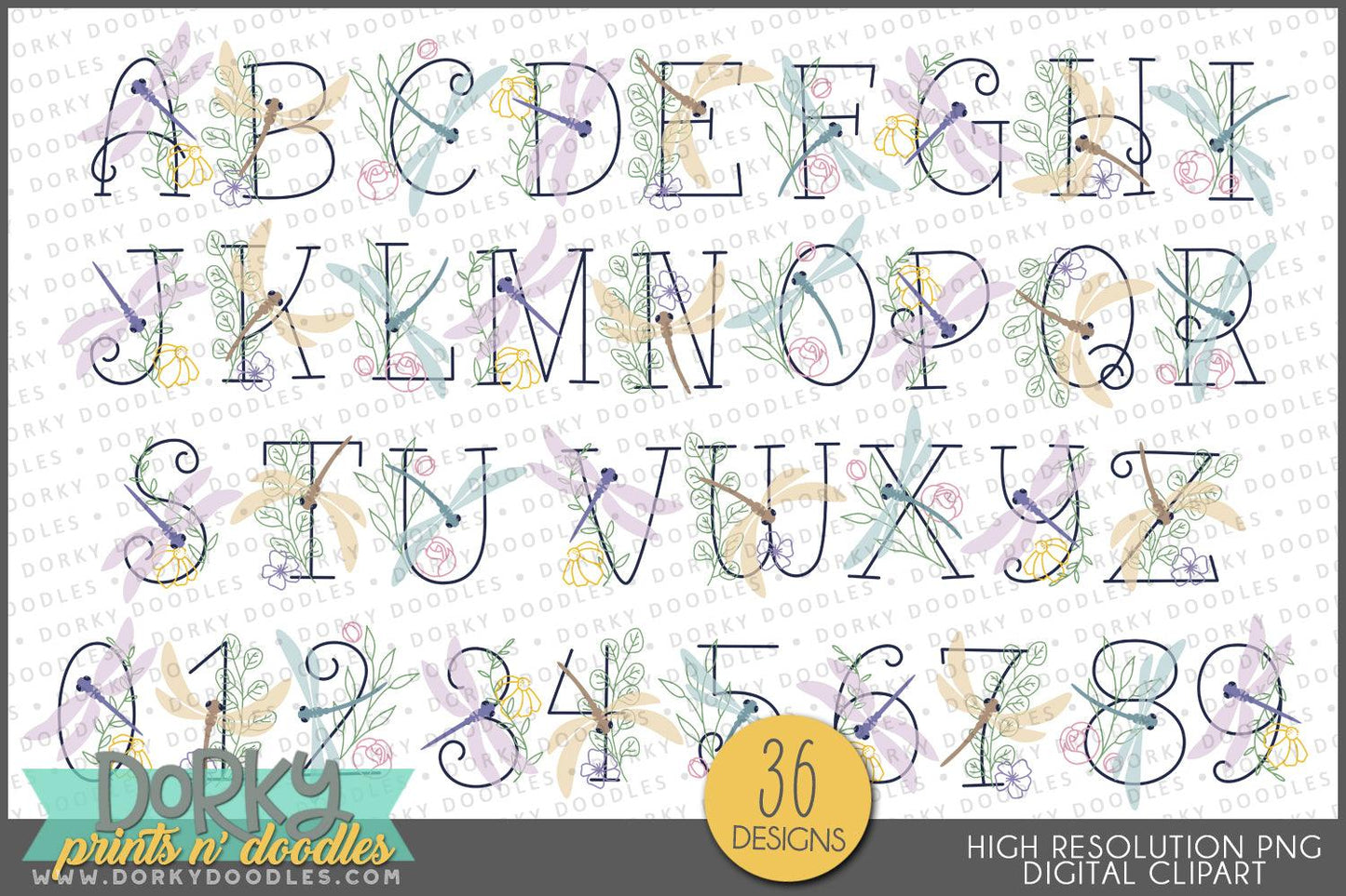 Elegant Dragonfly Alphabet Clipart - Dorky Doodles