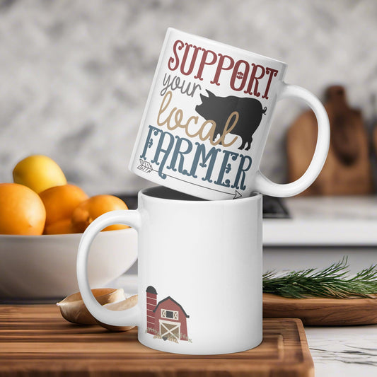 Farmstead Advocate: White Glossy Mug with 'Support Your Local Farmer' - Dorky Doodles