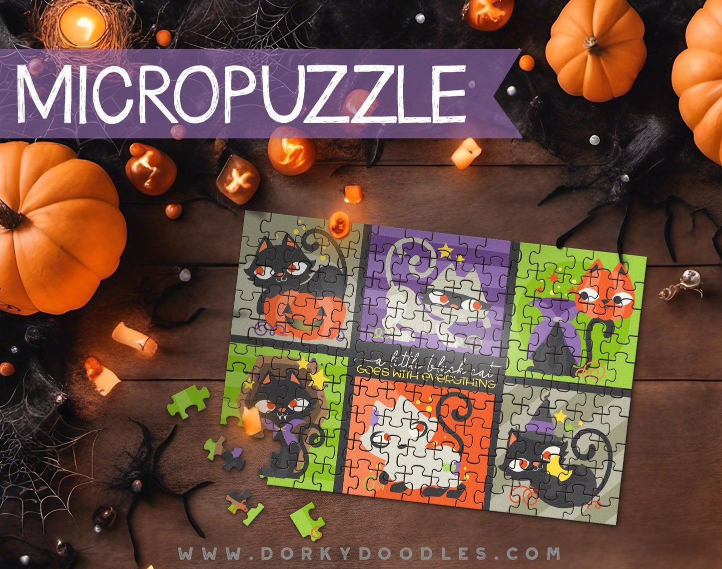 Halloween Cats Micro Puzzle - Small 4x6 Inch Micropuzzle Gift - Dorky Doodles