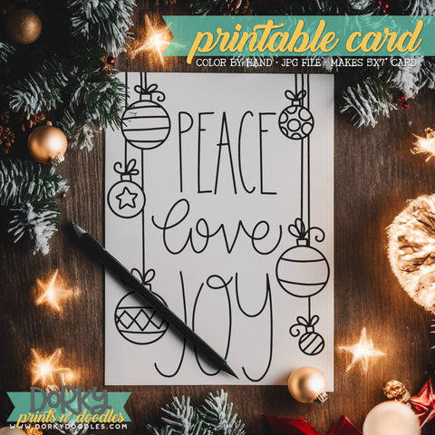 Peace Love and Joy - Hand Drawn Christmas Coloring Cards - Printable Holiday Greetings - Instant Download