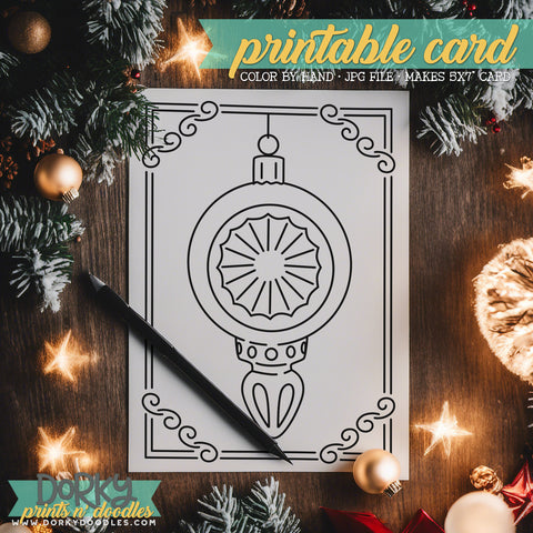 Retro Ornament - Hand Drawn Christmas Coloring Cards - Printable Holiday Greetings - Instant Download