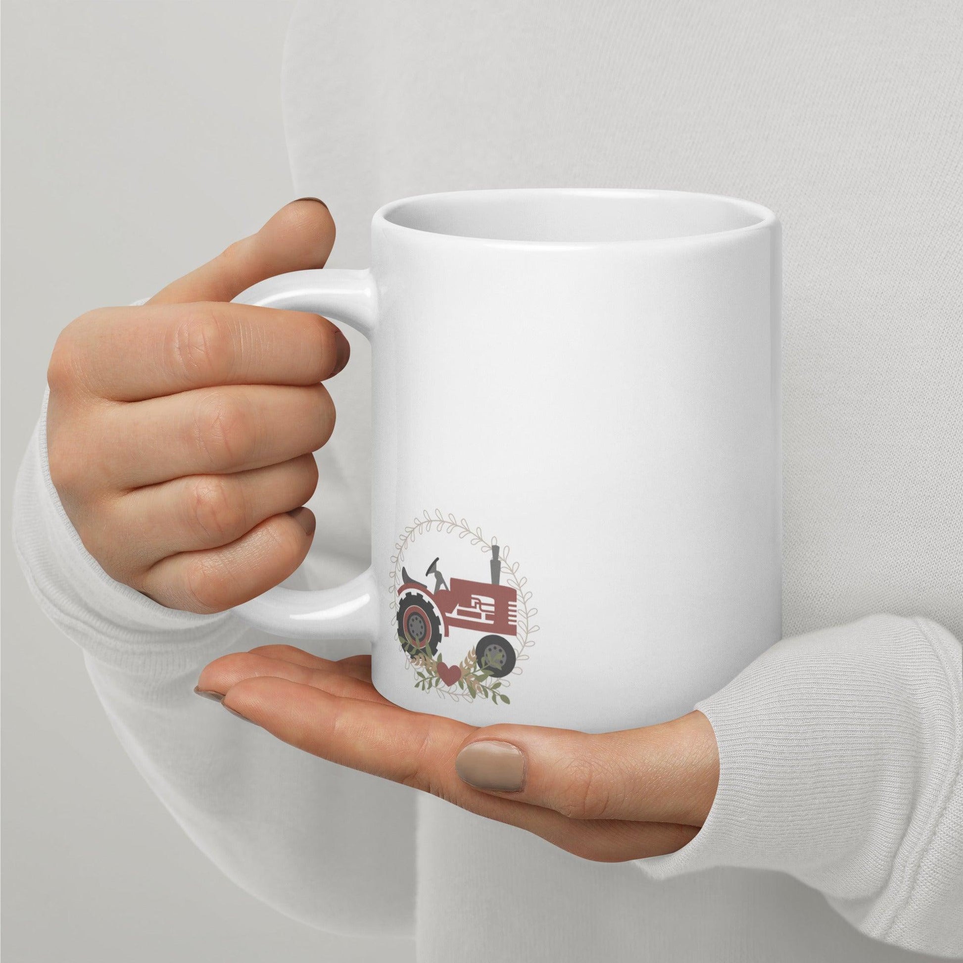 Rustic Elegance: White Glossy Mug with Charming Farm Girl Art - Dorky Doodles