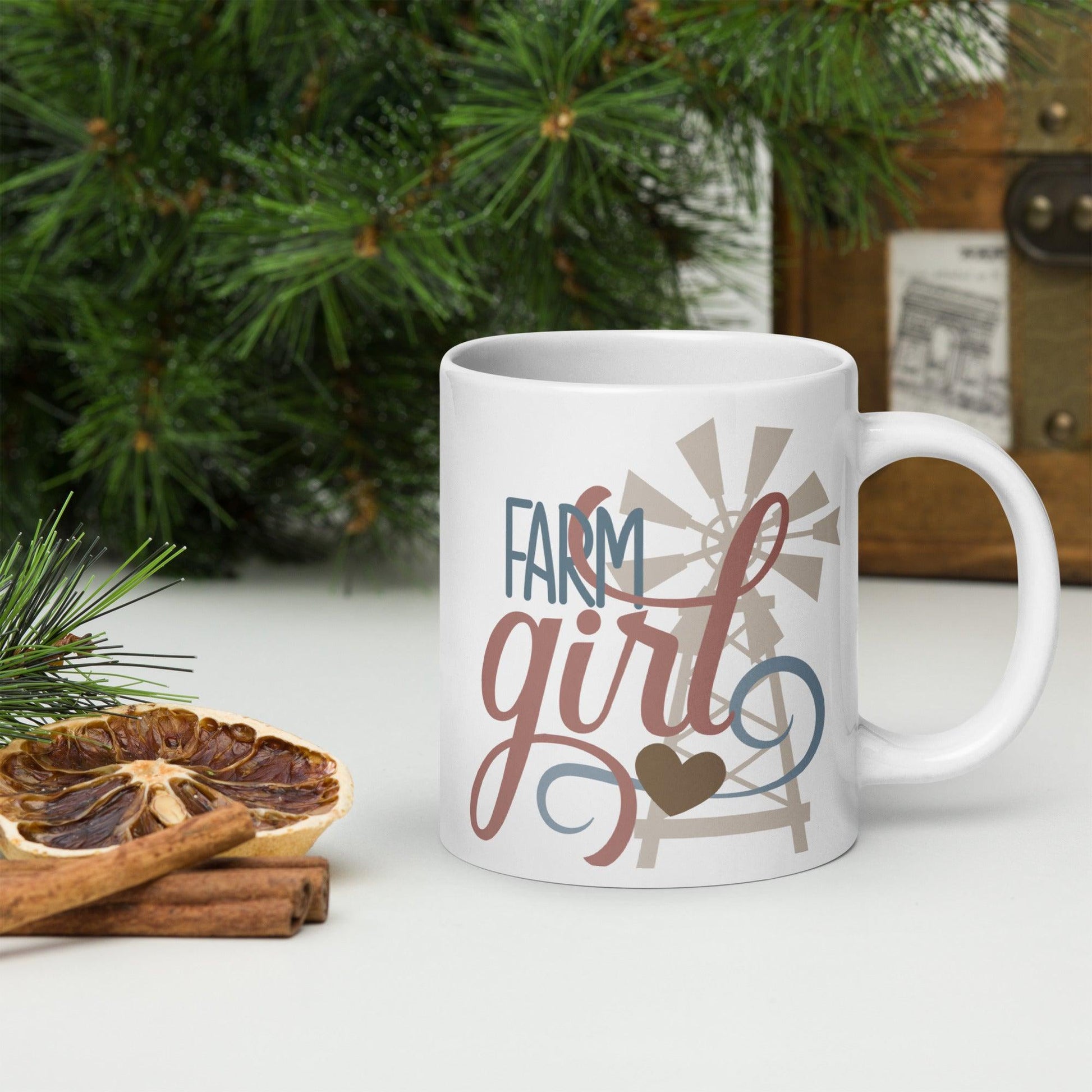 Rustic Elegance: White Glossy Mug with Charming Farm Girl Art - Dorky Doodles
