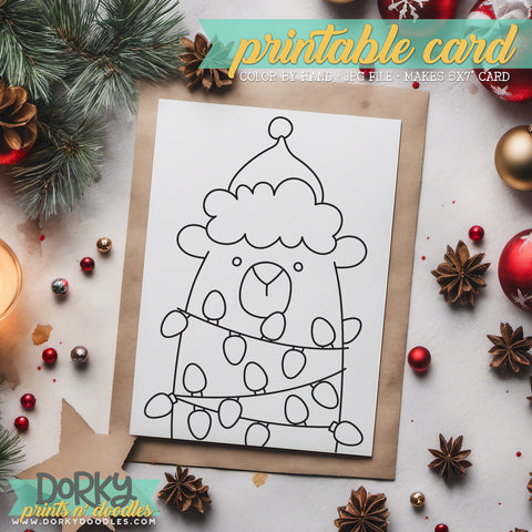 Santa Bear - Hand Drawn Christmas Coloring Cards - Printable Holiday Greetings - Instant Download