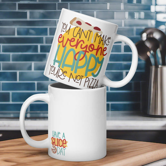 Saucy Wisdom: White Glossy Mug with 'You Can't Make Everyone Happy, You're Not Pizza - Dorky Doodles