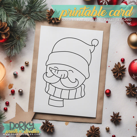 Snowman Mustache - Hand Drawn Christmas Coloring Cards - Printable Holiday Greetings - Instant Download