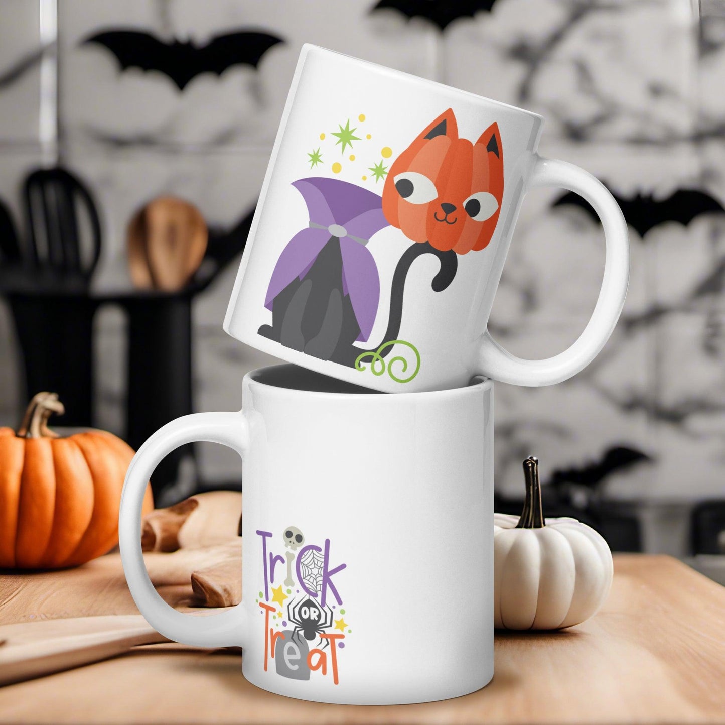 Spooky Cute Surprise: White Glossy Halloween Cat Mug - Dorky Doodles