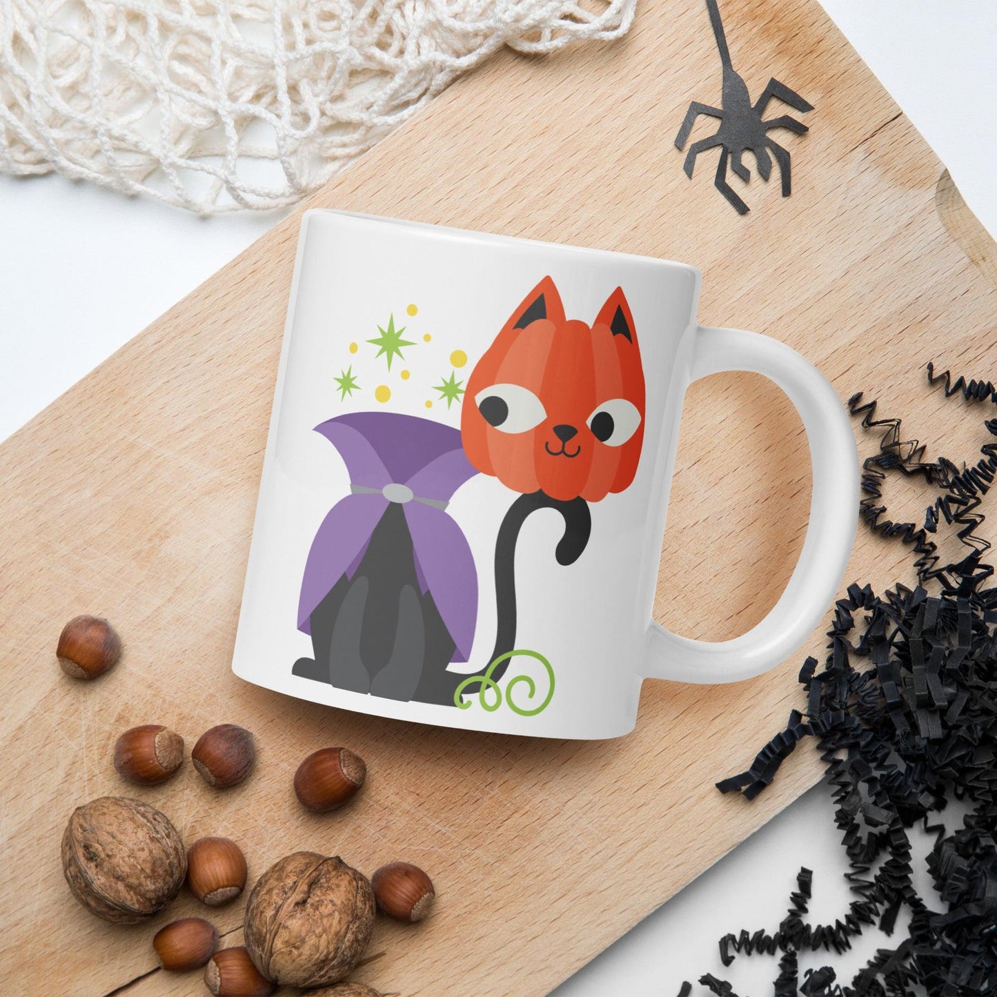 Spooky Cute Surprise: White Glossy Halloween Cat Mug - Dorky Doodles