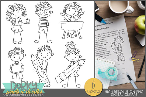 Stick Kids Black and White Back to School Clipart - Dorky Doodles