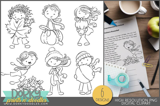 Stick Kids Black and White Fall and Thanksgiving Clipart - Dorky Doodles