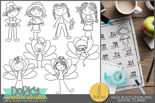 Stick Kids Black and White Thanksgiving Clipart - Dorky Doodles