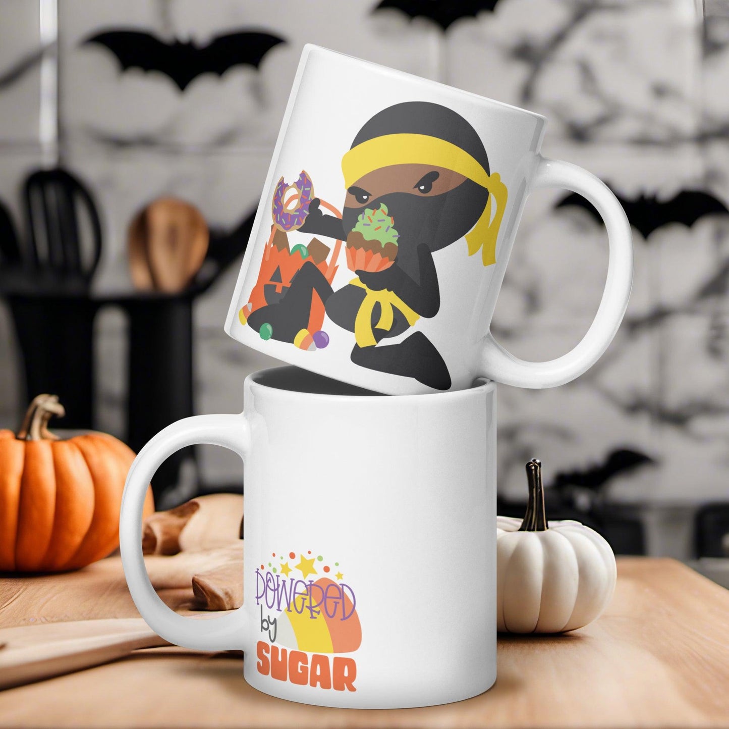 Sugar-Powered Ninja: White Glossy Halloween Mug with a Sweet Twist - Dorky Doodles