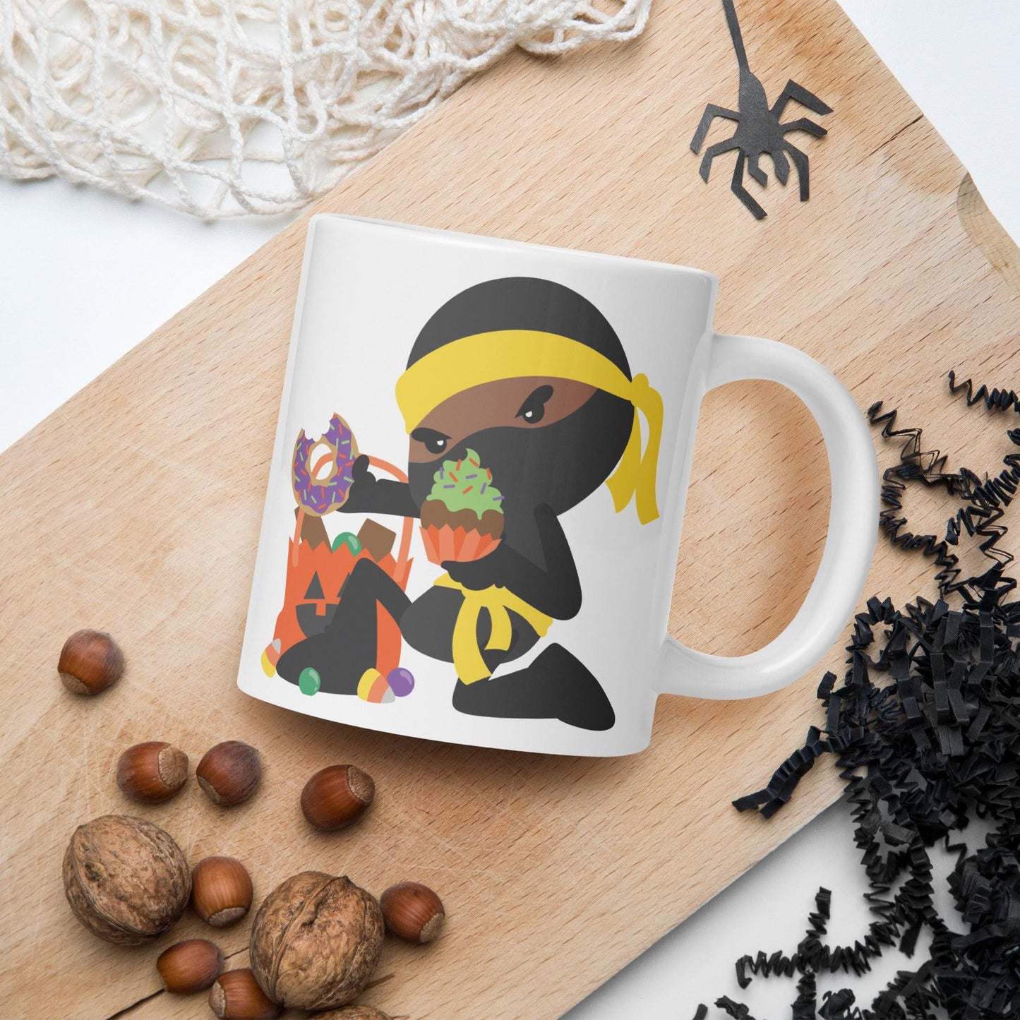 Sugar-Powered Ninja: White Glossy Halloween Mug with a Sweet Twist - Dorky Doodles