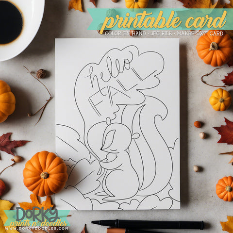 Hello Fall - Hand Drawn Printable Coloring Greeting Cards - Instant Download for Personalized Gifts