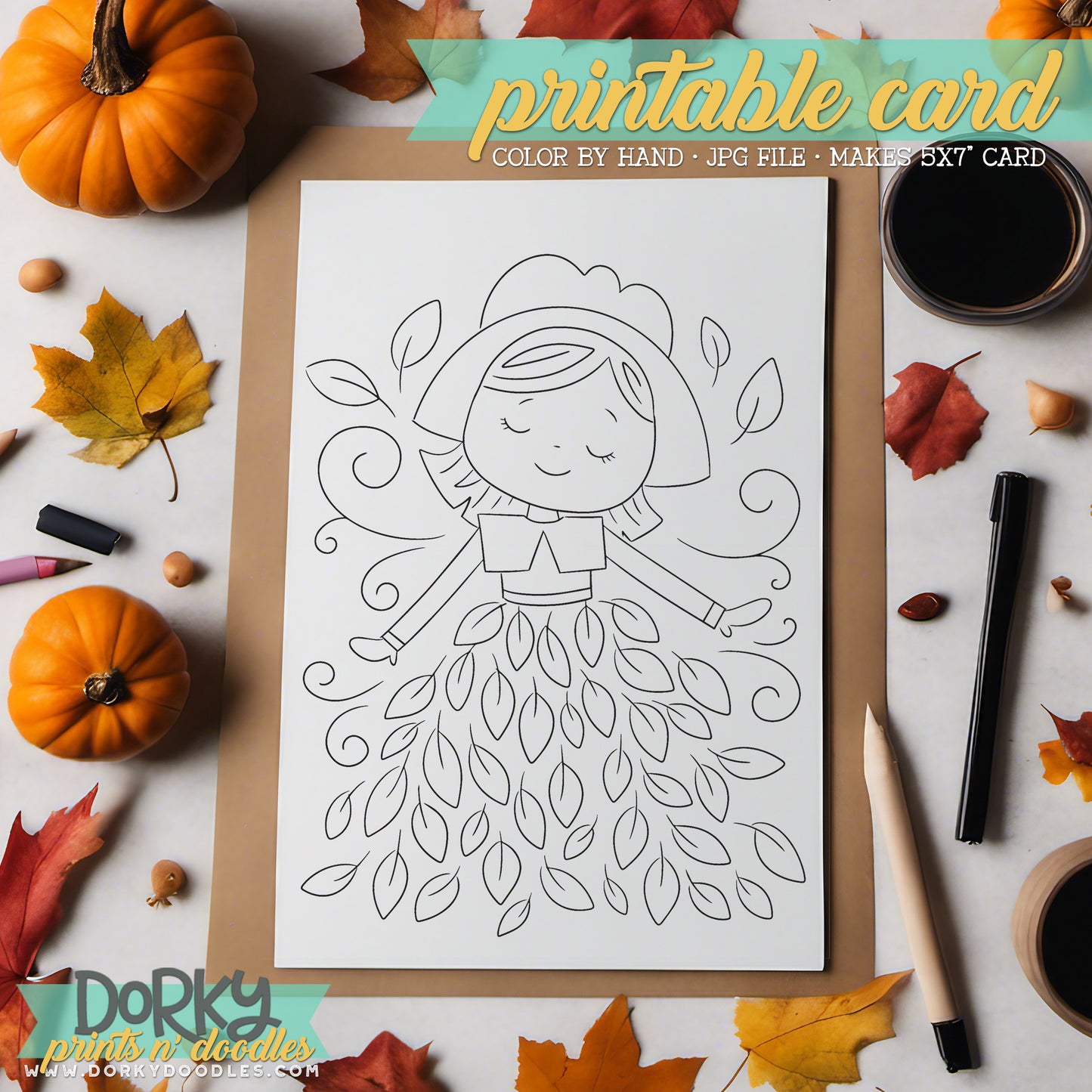 Thanksgiving Pilgrim - Hand Drawn Printable Coloring Greeting Cards - Instant Download for Personalized Gifts