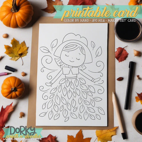 Thanksgiving Pilgrim - Hand Drawn Printable Coloring Greeting Cards - Instant Download for Personalized Gifts