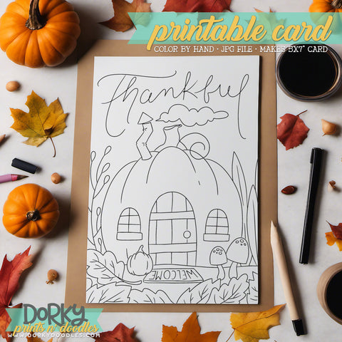 Thanksgiving Pumpkin - Hand Drawn Printable Coloring Greeting Cards - Instant Download for Personalized Gifts