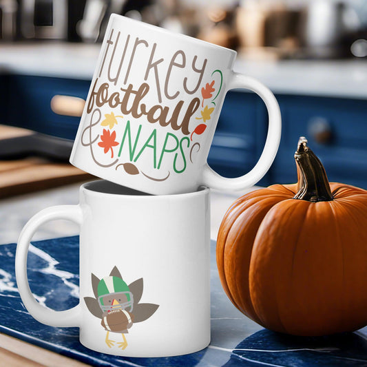 Touchdowns, Turkey, and Naps: White Glossy Thanksgiving Football Mug - Dorky Doodles