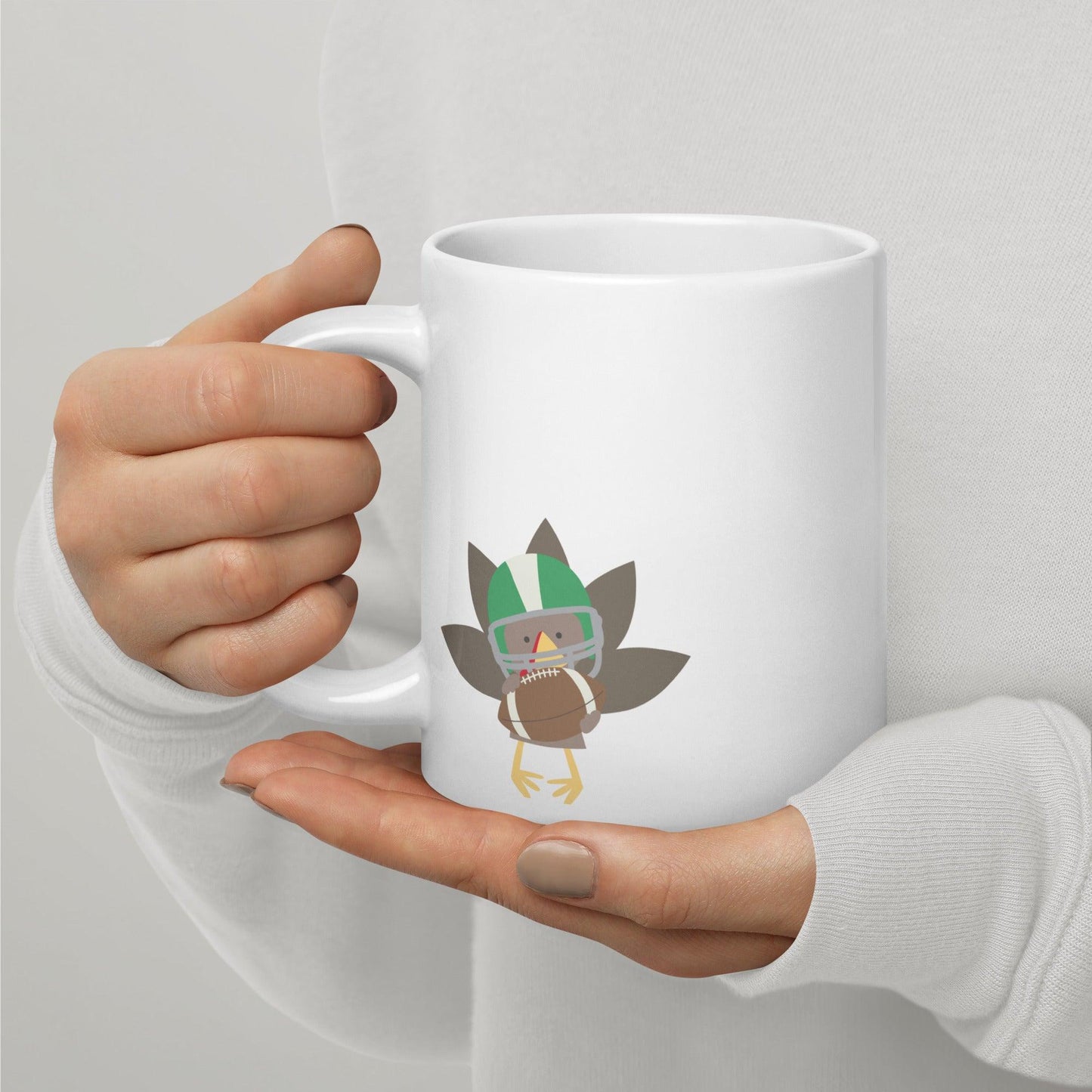 Touchdowns, Turkey, and Naps: White Glossy Thanksgiving Football Mug - Dorky Doodles