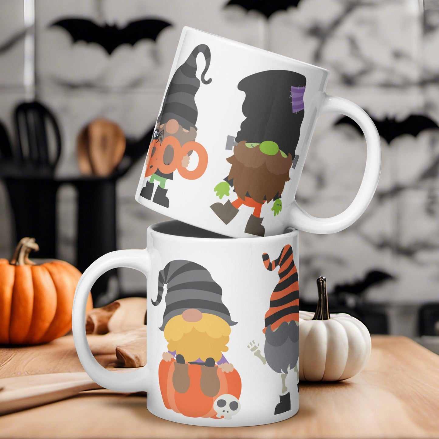 Whimsical Halloween Gnomes: White Glossy Mug for Spooky Fun - Dorky Doodles