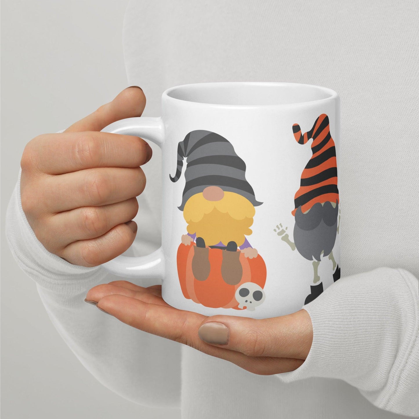 Whimsical Halloween Gnomes: White Glossy Mug for Spooky Fun - Dorky Doodles