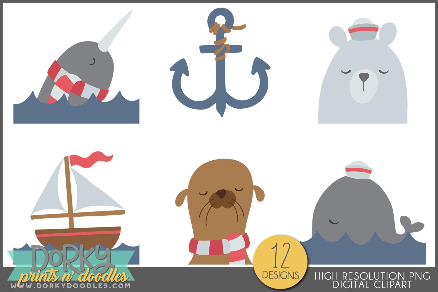Whimsical Nautical Arctic Animals Clipart - Dorky Doodles