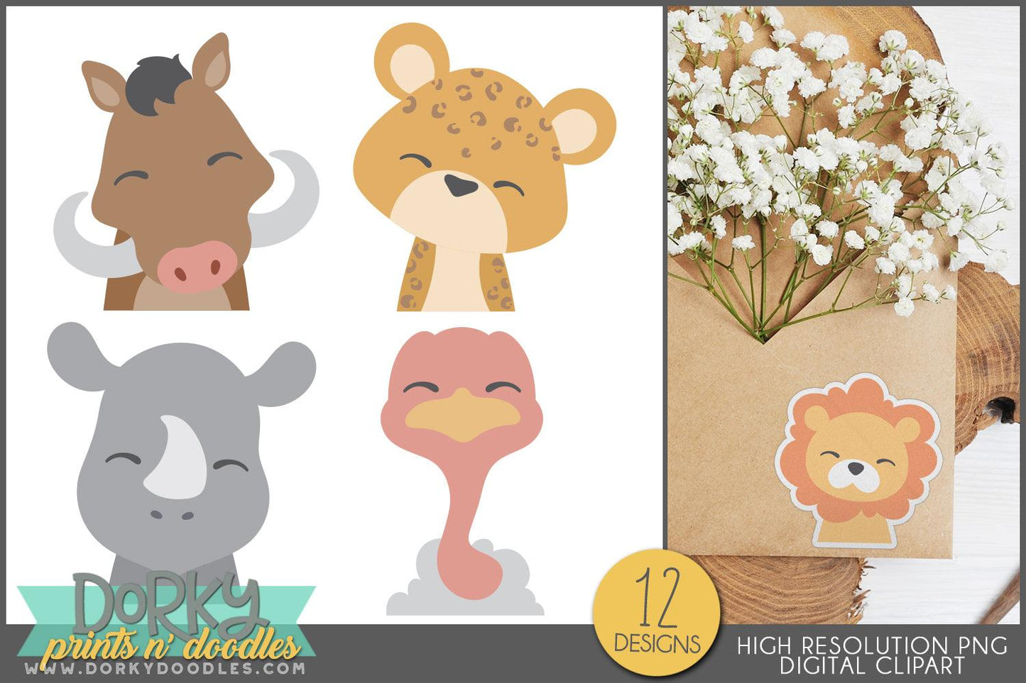 Whimsical Safari Animals Clipart - Dorky Doodles