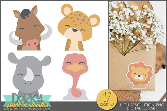 Whimsical Safari Animals Clipart - Dorky Doodles