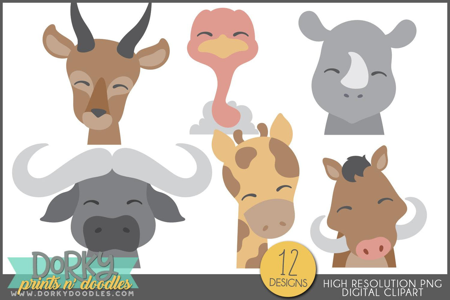 Whimsical Safari Animals Clipart - Dorky Doodles