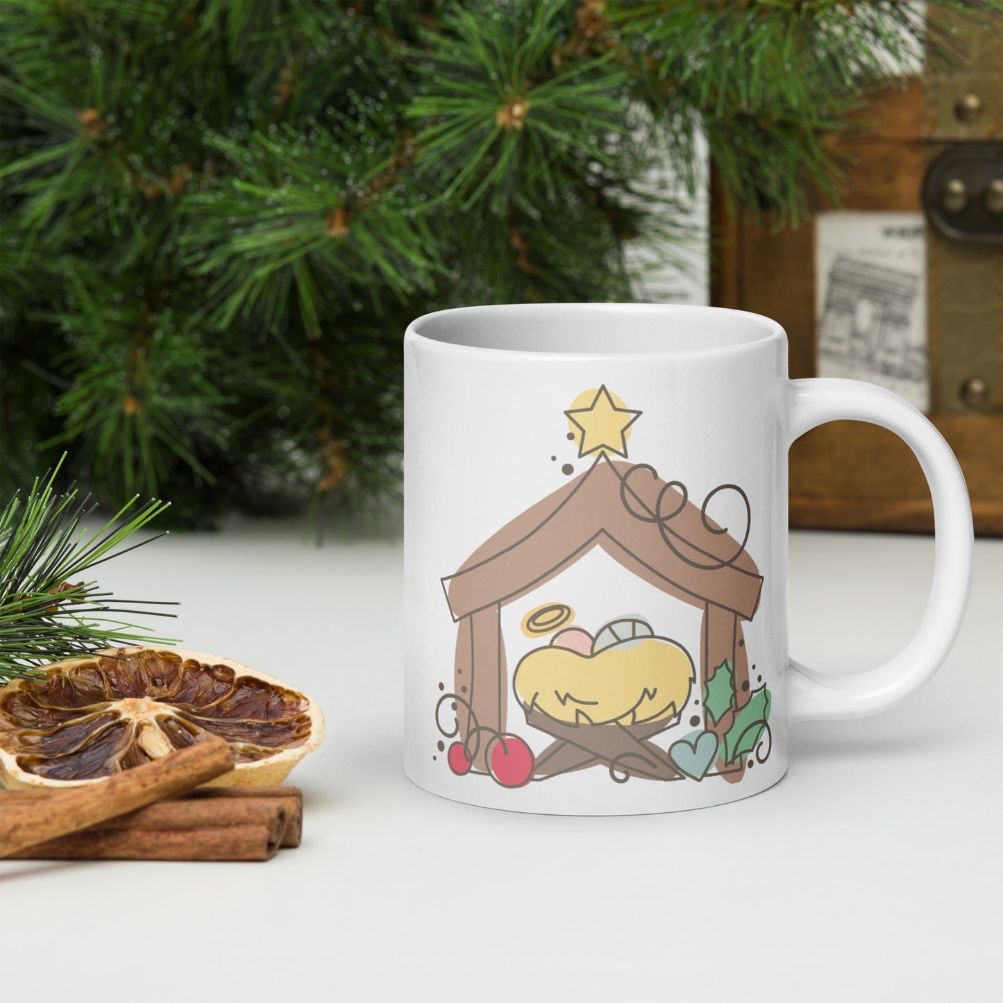 Doodle Nativity Mug - Large 20 Ounce White Glossy Mug for the Christmas Season