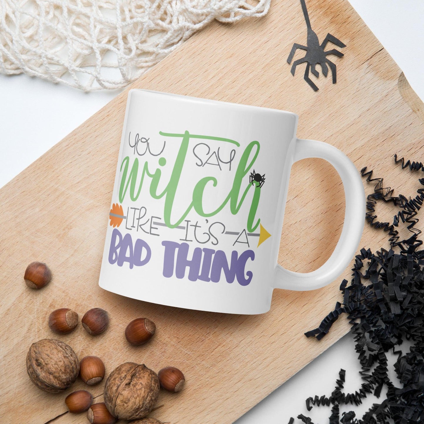 Witchy Humor: White Glossy Halloween Mug with a Playful Twist - Dorky Doodles