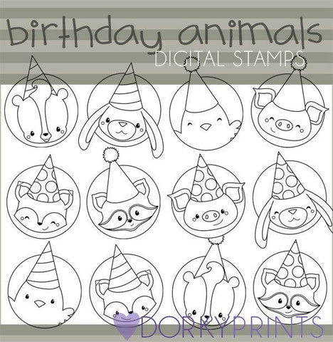 Animal Circles Black Line Birthday Clipart