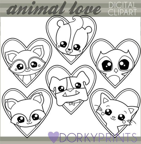 Animals in Hearts Black Line Valentine Clipart