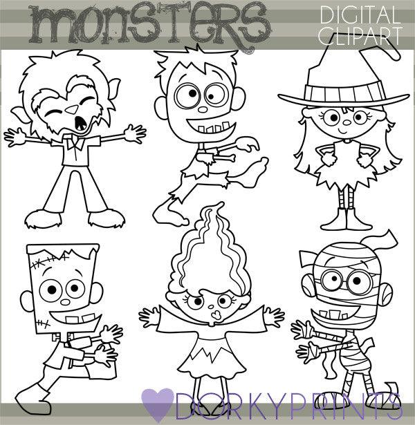 Blackline Monsters Halloween Clipart