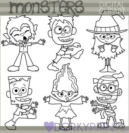 Blackline Monsters Halloween Clipart
