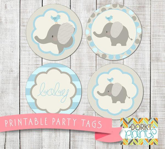 Blue Elephant Circle Tags Baby Shower Printables