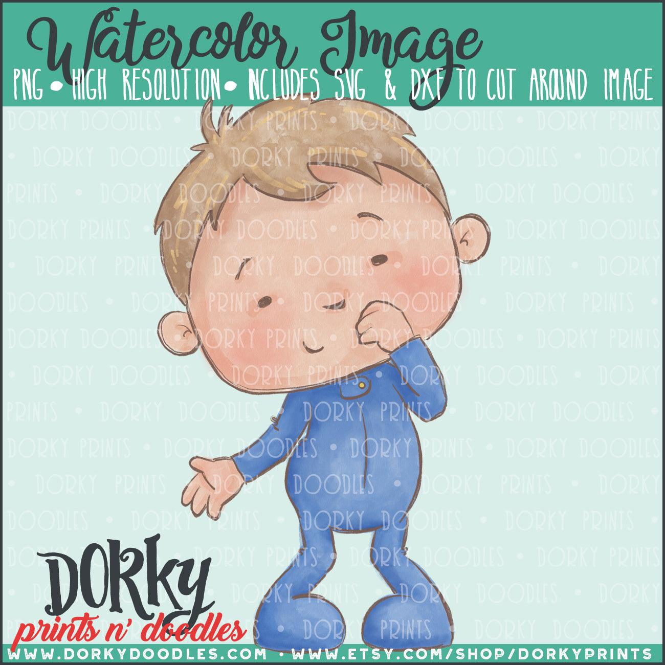 Boy in Blue PJs Watercolor PNG