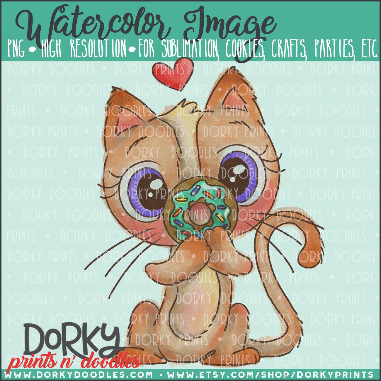 Cat and Donut Watercolor PNG