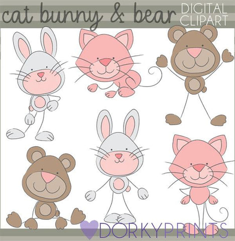 Cat Bear and Bunny Stick Animals Clipart