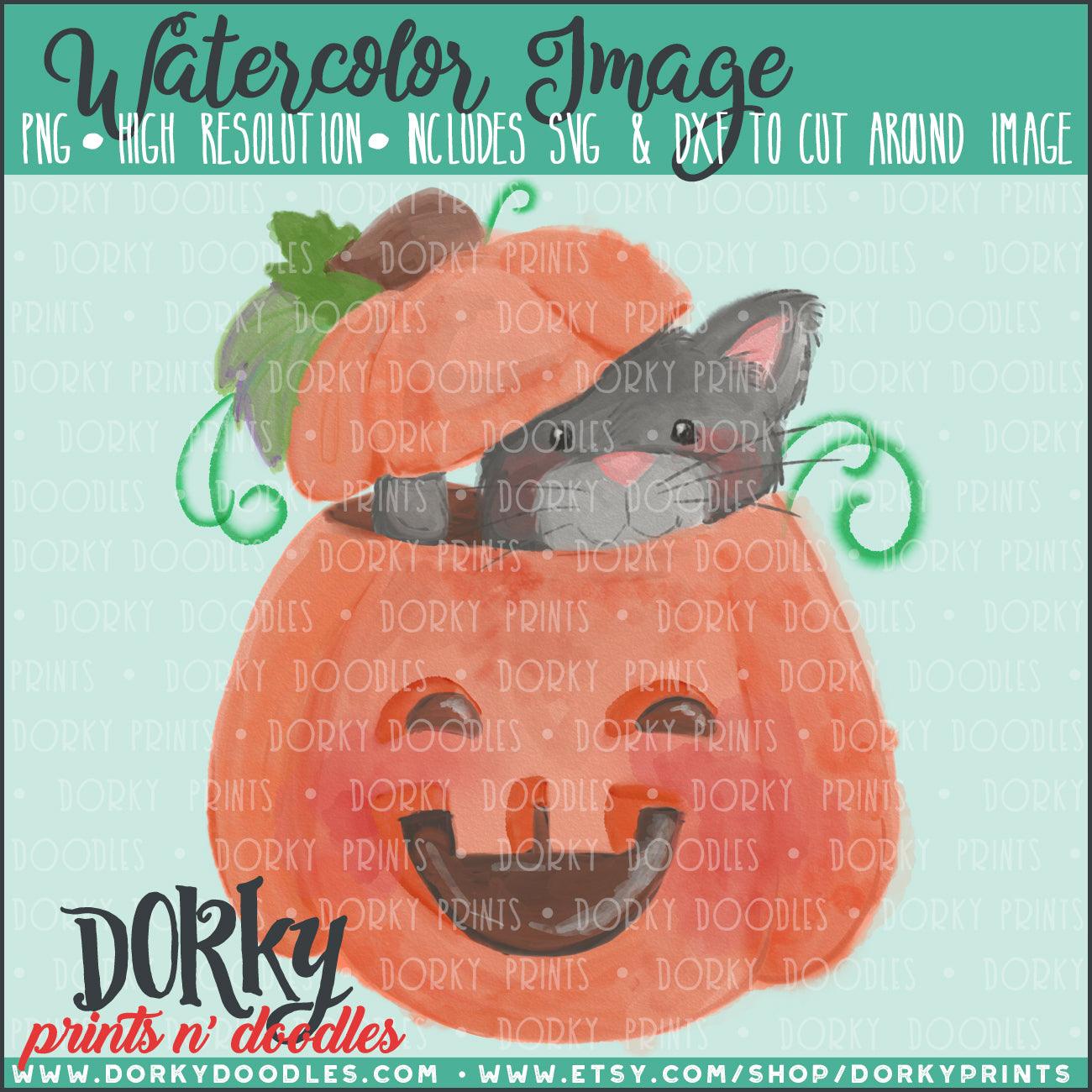 Cat in Pumpkin Watercolor PNG