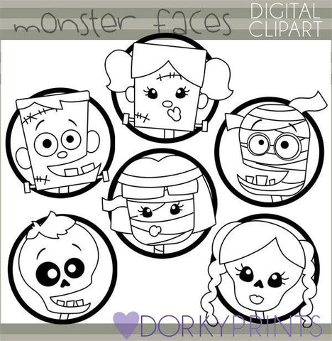 Classic Monster Faces Black Line Halloween Clipart