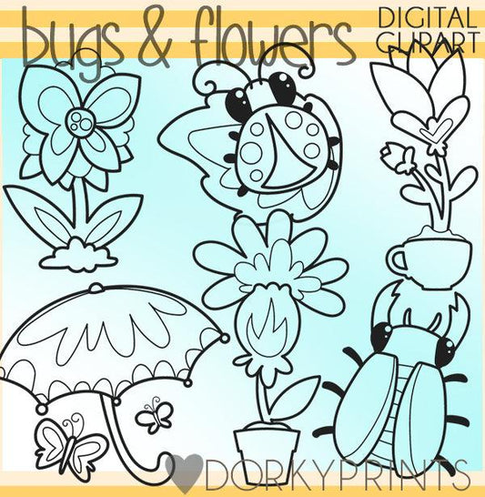 Cute Bugs and Flowers Blackline Summer Clipart