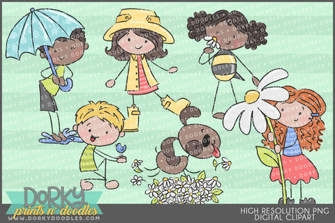 Cute Stick Kids Spring Clipart - Dorky Doodles
