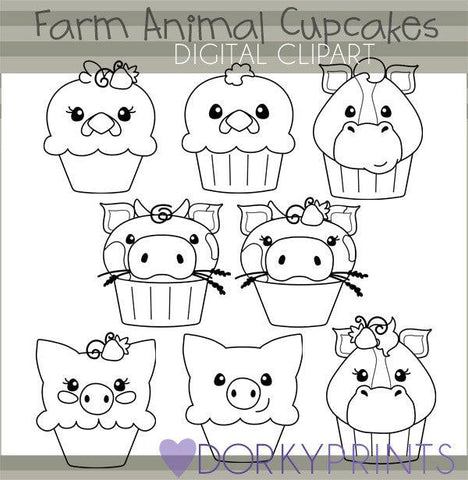 Farm Cupcakes Black Line Animals Clipart